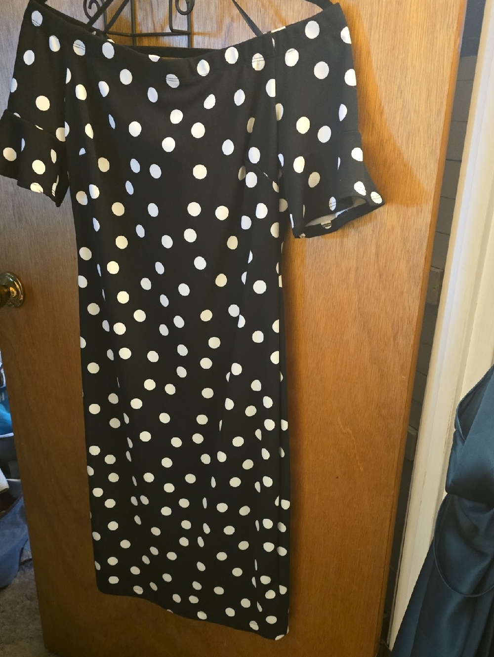 Premier Black and White Polka Dot Off-Shoulder Midi Dress
